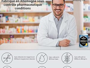 OMEGA 3 DHA EPA - 1000 mg par 1 Gélule, D'huile de Poisson pure avec 400 mg (40%) d'EPA et 300 mg (30%) de DHA pour 3 Mois, FOS Certifie, Biodisponibilite Élevée, sans Additifs