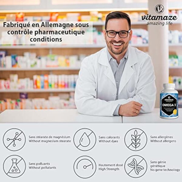 OMEGA 3 DHA EPA - 1000 mg par 1 Gélule, D'huile de Poisson pure avec 400 mg (40%) d'EPA et 300 mg (30%) de DHA pour 3 Mois, FOS Certifie, Biodisponibilite Élevée, sans Additifs – Image 4