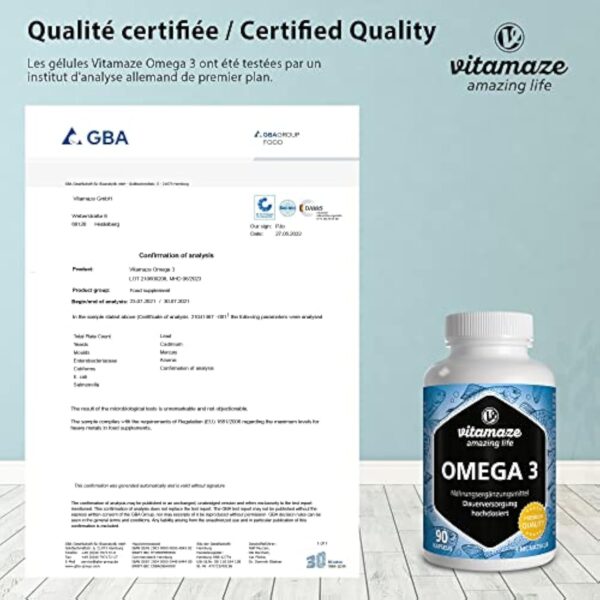 OMEGA 3 DHA EPA - 1000 mg par 1 Gélule, D'huile de Poisson pure avec 400 mg (40%) d'EPA et 300 mg (30%) de DHA pour 3 Mois, FOS Certifie, Biodisponibilite Élevée, sans Additifs – Image 6
