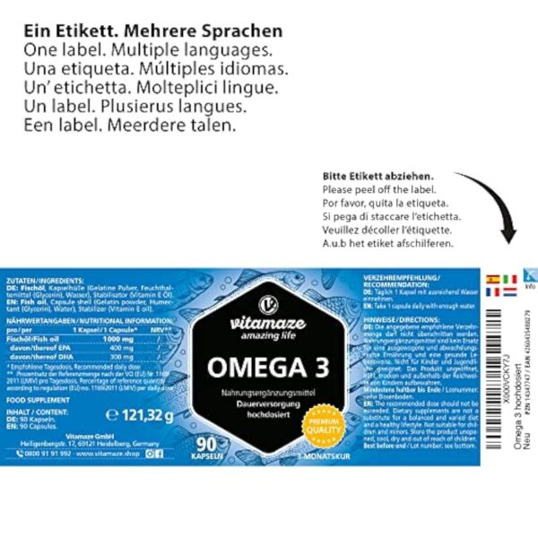 OMEGA 3 DHA EPA - 1000 mg par 1 Gélule, D'huile de Poisson pure avec 400 mg (40%) d'EPA et 300 mg (30%) de DHA pour 3 Mois, FOS Certifie, Biodisponibilite Élevée, sans Additifs – Image 7