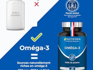 OMEGA 3 - Huile de Poissons Sauvages - Haute Concentration - 500 mg dont 175 mg d'EPA & 125 mg de DHA - Soutient la Vision et la Cognition - 30 Capsules - Nutrimea - Fabrication Française