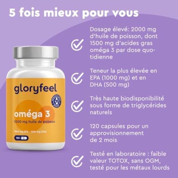 Omega 3 2000 mg Huile de Poissons Sauvages, Oméga 3 sous Forme Triglycérides Réestérifiées rTG, 1000mg EPA + 500mg DHA, Gélules Fortement Dosées, Source d'Acides Gras Essentiels, Sans Odeur – Image 4