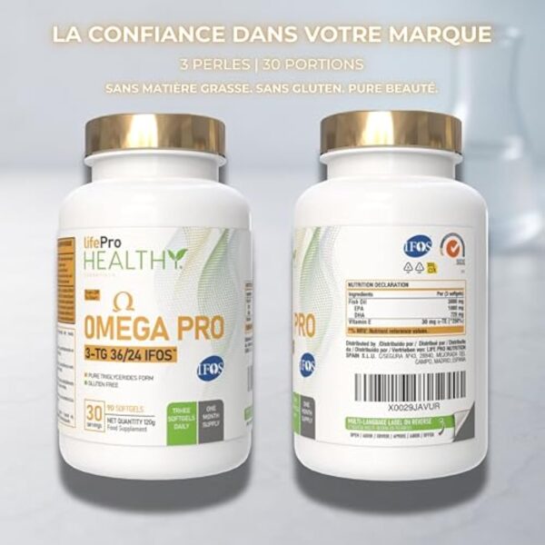 Omega 3 Capsules IFOS 3000mg avec Vitamine E, 30-90 portions - Life Pro Healthy, 35% EPA et 25% DHA, 3000mg par dose journalière, Supplément pour la santé cardiovasculaire, Huile Pure et distillée – Image 9
