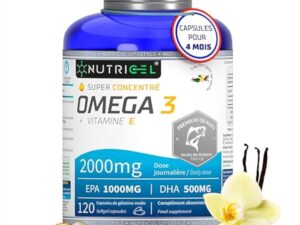 Omega 3 DHA EPA 2000mg (2 Capsules) - EPA 1000mg & DHA 500mg - Avec Vitamine E et Saveur Vanille - 120 Capsules (4 Mois) - Fabriqué en France - Santé Cœur, Cerveau, Vision - Huile de Poisson Sauvage