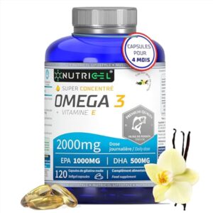 Omega 3 DHA EPA 2000mg (2 Capsules) - EPA 1000mg & DHA 500mg - Avec Vitamine E et Saveur Vanille - 120 Capsules (4 Mois) - Fabriqué en France - Santé Cœur, Cerveau, Vision - Huile de Poisson Sauvage