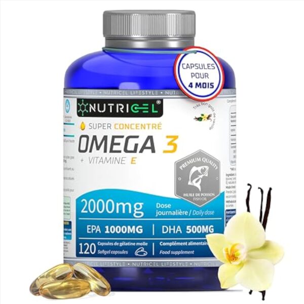 Omega 3 DHA EPA 2000mg (2 Capsules) - EPA 1000mg & DHA 500mg - Avec Vitamine E et Saveur Vanille - 120 Capsules (4 Mois) - Fabriqué en France - Santé Cœur, Cerveau, Vision - Huile de Poisson Sauvage