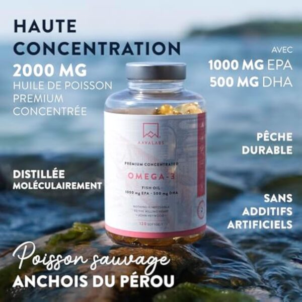 Omega 3 DHA EPA Huile de Poisson Sauvage 2000mg: 1000mg EPA + 500mg DHA par dose (2 gélules) - Complement Alimentaire Omega3 Fish Oil Concentration Pure et Forte en Oméga 3 et Vitamine E - 120 Gélules – Image 3