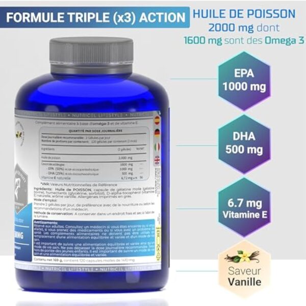 Omega 3 DHA EPA 2000mg (2 Capsules) - EPA 1000mg & DHA 500mg - Avec Vitamine E et Saveur Vanille - 120 Capsules (4 Mois) - Fabriqué en France - Santé Cœur, Cerveau, Vision - Huile de Poisson Sauvage – Image 3