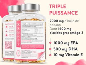 Omega 3 DHA EPA Huile de Poisson Sauvage 2000mg: 1000mg EPA + 500mg DHA par dose (2 gélules) - Complement Alimentaire Omega3 Fish Oil Concentration Pure et Forte en Oméga 3 et Vitamine E - 120 Gélules