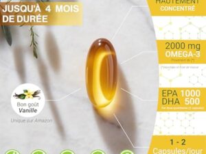 Omega 3 DHA EPA 2000mg (2 Capsules) - EPA 1000mg & DHA 500mg - Avec Vitamine E et Saveur Vanille - 120 Capsules (4 Mois) - Fabriqué en France - Santé Cœur, Cerveau, Vision - Huile de Poisson Sauvage