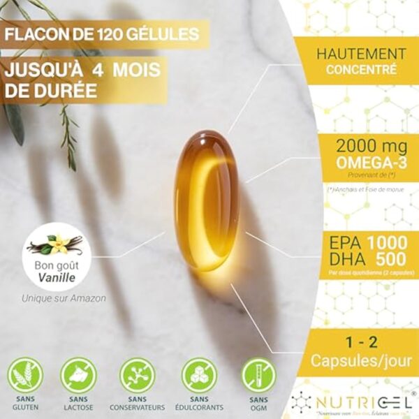 Omega 3 DHA EPA 2000mg (2 Capsules) - EPA 1000mg & DHA 500mg - Avec Vitamine E et Saveur Vanille - 120 Capsules (4 Mois) - Fabriqué en France - Santé Cœur, Cerveau, Vision - Huile de Poisson Sauvage – Image 5