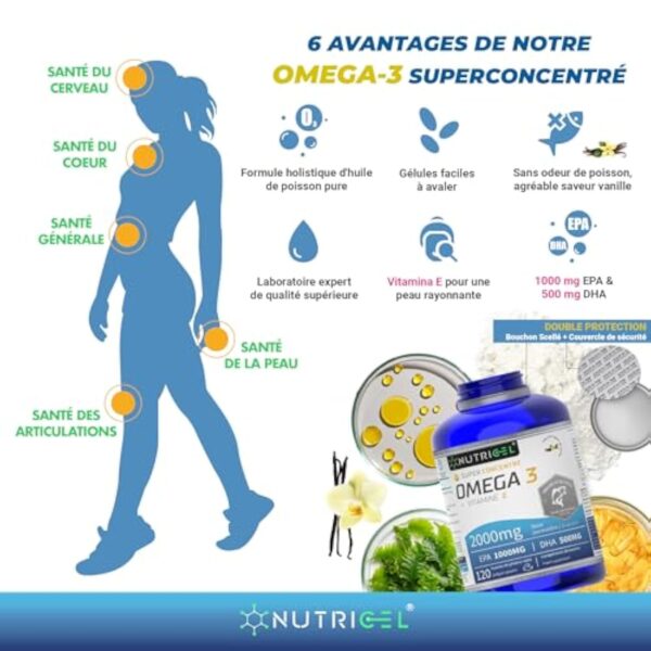 Omega 3 DHA EPA 2000mg (2 Capsules) - EPA 1000mg & DHA 500mg - Avec Vitamine E et Saveur Vanille - 120 Capsules (4 Mois) - Fabriqué en France - Santé Cœur, Cerveau, Vision - Huile de Poisson Sauvage – Image 6