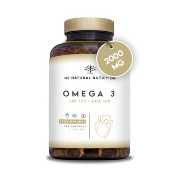 Omega 3 Fish Oil 2000 mg, 700 mg EPA et 500 mg DHA. Huile de Poisson et Vitamine E. Aide à Améliorer et Protection la Vision, Cerveau et Coeur. Régule le cholestérol.120 Gélules N2 Natural Nutrition – Image 2