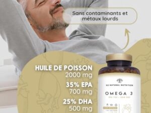 Omega 3 Fish Oil 2000 mg, 700 mg EPA et 500 mg DHA. Huile de Poisson et Vitamine E. Aide à Améliorer et Protection la Vision, Cerveau et Coeur. Régule le cholestérol.120 Gélules N2 Natural Nutrition