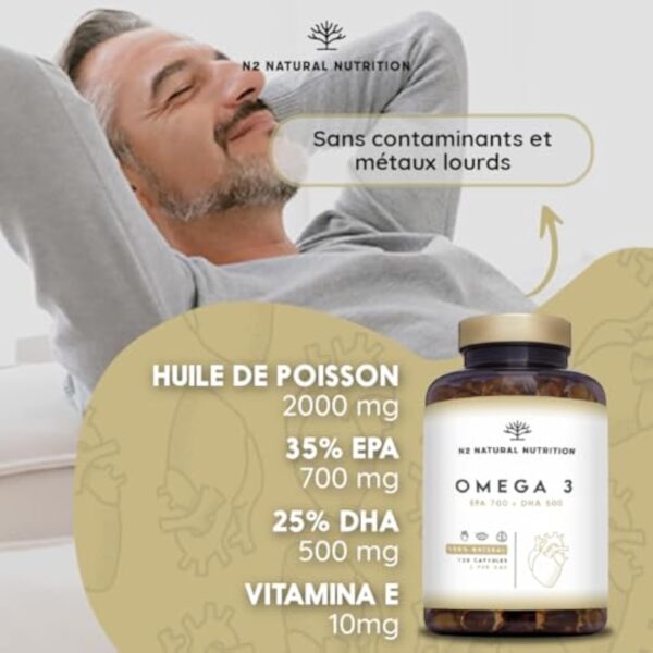 Omega 3 Fish Oil 2000 mg, 700 mg EPA et 500 mg DHA. Huile de Poisson et Vitamine E. Aide à Améliorer et Protection la Vision, Cerveau et Coeur. Régule le cholestérol.120 Gélules N2 Natural Nutrition – Image 4