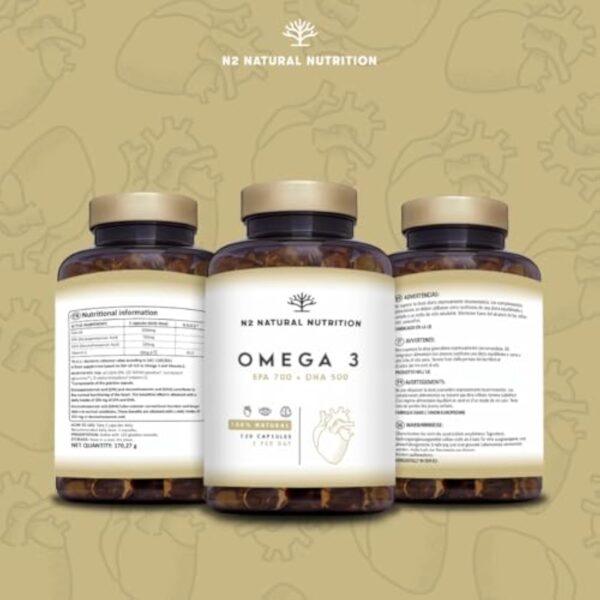 Omega 3 Fish Oil 2000 mg, 700 mg EPA et 500 mg DHA. Huile de Poisson et Vitamine E. Aide à Améliorer et Protection la Vision, Cerveau et Coeur. Régule le cholestérol.120 Gélules N2 Natural Nutrition – Image 7