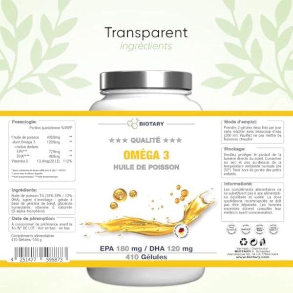 Oméga 3 Huile de poissons | Sauvages 4000 mg | 400 gélules | Pilulier | 720 mg EPA + 480 mg DHA par dose quotidienne | sans additifs | très haute pureté et biodisponibilité – Image 4