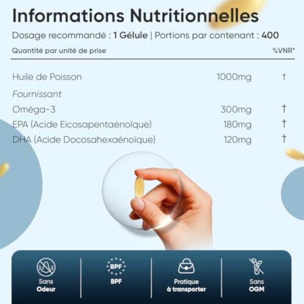 Oméga 3 Huile de Poisson 400 Gélules pour +1 An d'Apport, Fish Oil Omega 3 EPA DHA sans Odeur, Selon l'EFSA, l'EPA et le DHA Contribuent au Fonctionnement Normal du Cœur, Enrichi en Vitamine E – Image 4