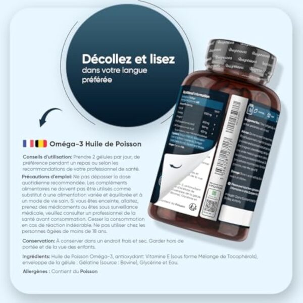 Oméga 3 Huile de Poisson 400 Gélules pour +1 An d'Apport, Fish Oil Omega 3 EPA DHA sans Odeur, Selon l'EFSA, l'EPA et le DHA Contribuent au Fonctionnement Normal du Cœur, Enrichi en Vitamine E – Image 5