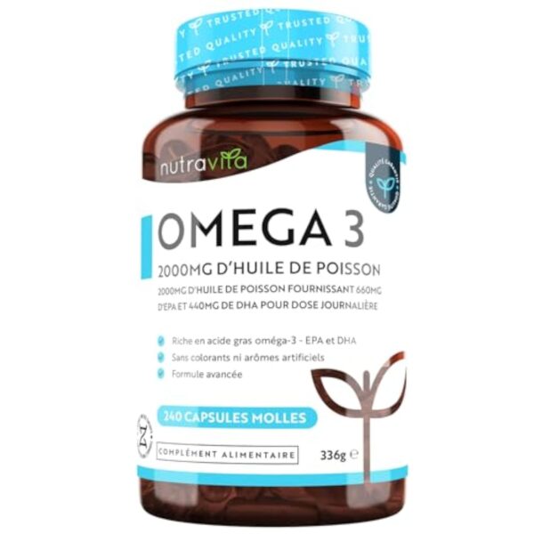 Omega 3 Huile de Poissons Sauvages 2000mg - 240 Gélules (120 Jours) - Haute Concentration en EPA (660mg) & DHA (440mg) Soutien Fonction Cardiaque et une Vision Normale - Fabriqué par Nutravita