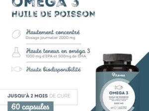 Omega 3 Huile de Poissons Sauvages 2 000mg - Haute concentration en EPA (1 000mg) et DHA (500mg) - Soutien des fonctions cognitives et visuelles - Fabriqué en France - Vitavea