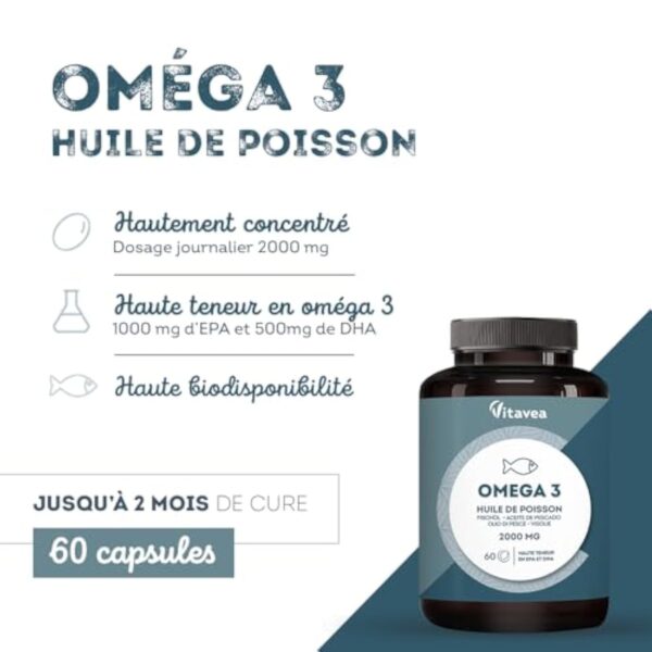 Omega 3 Huile de Poissons Sauvages 2 000mg - Haute concentration en EPA (1 000mg) et DHA (500mg) - Soutien des fonctions cognitives et visuelles - Fabriqué en France - Vitavea – Image 3