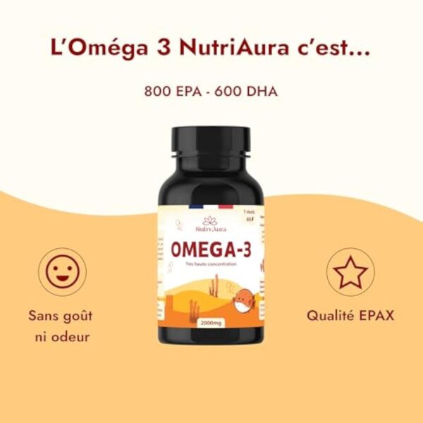 Omega 3 Huile de Poissons Sauvages 2000mg EPAX®, Très Haute Concentration EPA (800mg) et DHA (600mg), Totox < 3, 60 Capsules, Vitamine E, Anti Oxydation, Fabriqué en France – Image 3