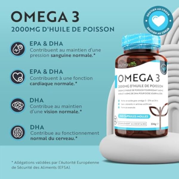 Omega 3 Huile de Poissons Sauvages 2000mg - 240 Gélules (120 Jours) - Haute Concentration en EPA (660mg) & DHA (440mg) Soutien Fonction Cardiaque et une Vision Normale - Fabriqué par Nutravita – Image 3