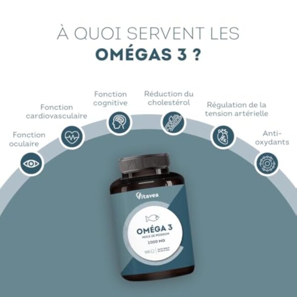 Omega 3 Huile de Poissons Sauvages 2 000mg - 4 mois - Haute concentration en EPA (1 000mg) et DHA (500mg) - Soutien des fonctions cognitives et visuelles - Fabriqué en France - Vitavea – Image 4