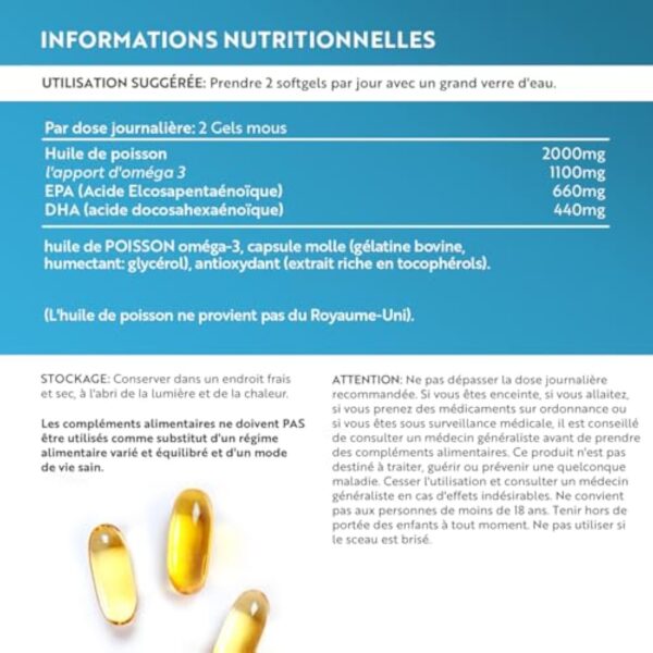 Omega 3 Huile de Poissons Sauvages 2000mg - 240 Gélules (120 Jours) - Haute Concentration en EPA (660mg) & DHA (440mg) Soutien Fonction Cardiaque et une Vision Normale - Fabriqué par Nutravita – Image 5