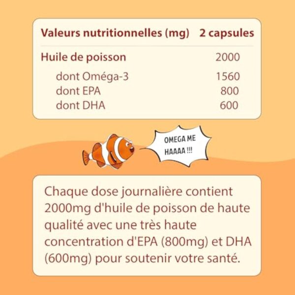 Omega 3 Huile de Poissons Sauvages 2000mg EPAX®, Très Haute Concentration EPA (800mg) et DHA (600mg), Totox < 3, 60 Capsules, Vitamine E, Anti Oxydation, Fabriqué en France – Image 8