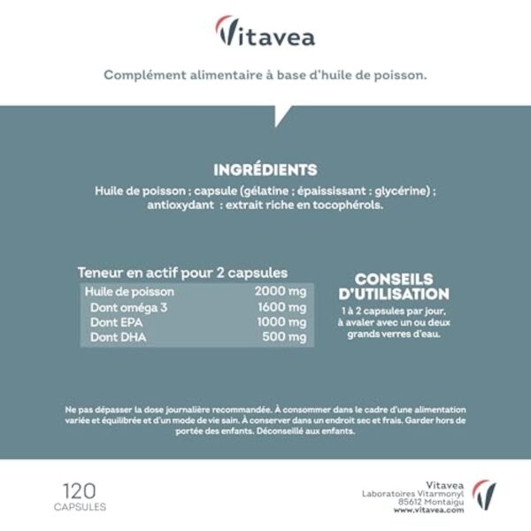Omega 3 Huile de Poissons Sauvages 2 000mg - 4 mois - Haute concentration en EPA (1 000mg) et DHA (500mg) - Soutien des fonctions cognitives et visuelles - Fabriqué en France - Vitavea – Image 8