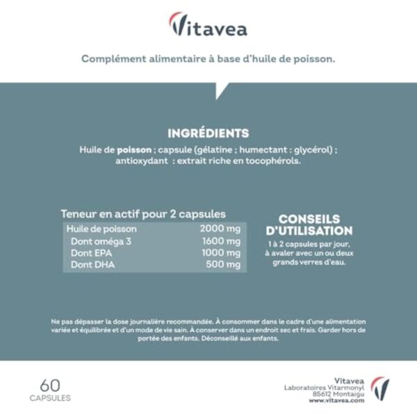 Omega 3 Huile de Poissons Sauvages 2 000mg - Haute concentration en EPA (1 000mg) et DHA (500mg) - Soutien des fonctions cognitives et visuelles - Fabriqué en France - Vitavea – Image 9