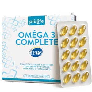 Omega 3 IFOS 5 étoiles Certifié Avec Vitamine D3 2000 UI Et E PiùLife, 60 Softgels, Huile De Poisson Omega 3 DHA EPA 2000 mg et 1000 mg par dose, Soutien Cœur, Vue, Os, Cerveau