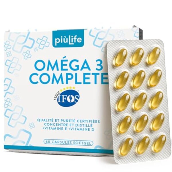 Omega 3 IFOS 5 étoiles Certifié Avec Vitamine D3 2000 UI Et E PiùLife, 60 Softgels, Huile De Poisson Omega 3 DHA EPA 2000 mg et 1000 mg par dose, Soutien Cœur, Vue, Os, Cerveau