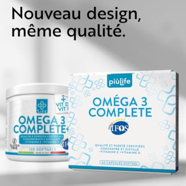 Omega 3 IFOS 5 étoiles Certifié Avec Vitamine D3 2000 UI Et E PiùLife, 60 Softgels, Huile De Poisson Omega 3 DHA EPA 2000 mg et 1000 mg par dose, Soutien Cœur, Vue, Os, Cerveau – Image 3