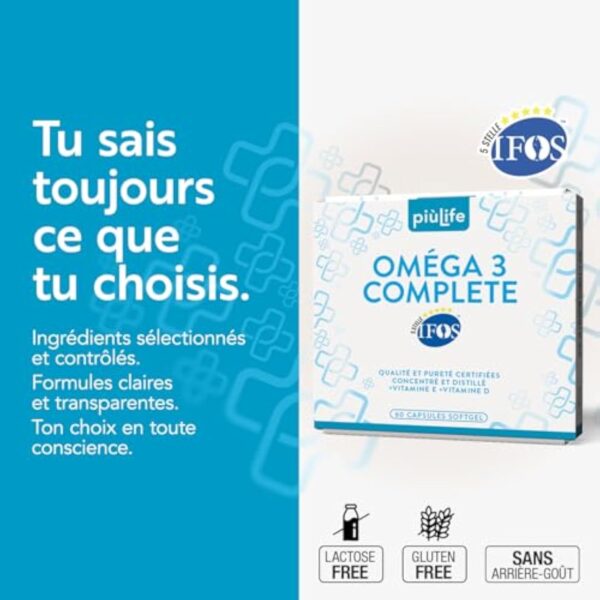 Omega 3 IFOS 5 étoiles Certifié Avec Vitamine D3 2000 UI Et E PiùLife, 60 Softgels, Huile De Poisson Omega 3 DHA EPA 2000 mg et 1000 mg par dose, Soutien Cœur, Vue, Os, Cerveau – Image 6