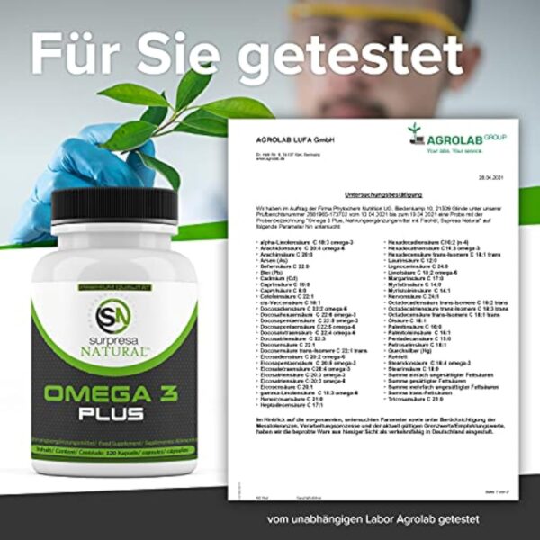Omega 3 Plus 3 fois plus fort, 1000 mg d'huile de poisson 500mg EPA 250mg DHA par gélule, pureté testée en laboratoire à partir de pêche durable, 120 gélules 4 mois – Image 6