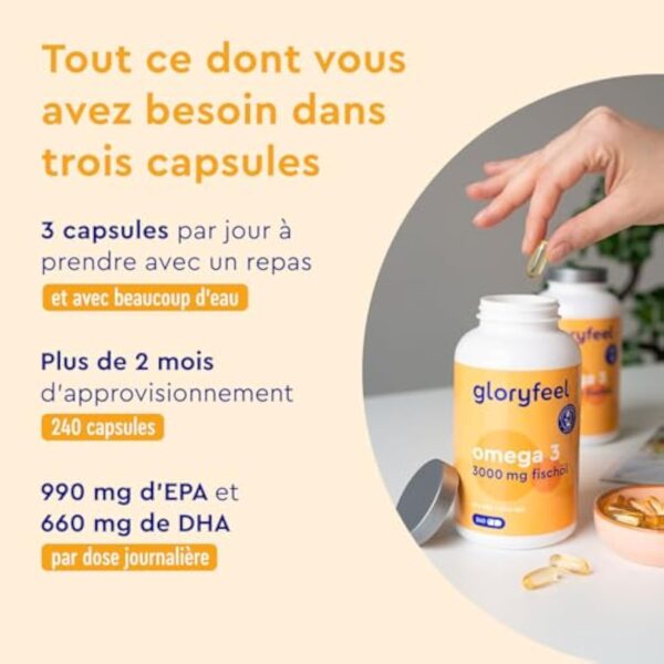 Oméga 3 capsules hautement dosées - 3000mg d'huile de poisson (990mg EPA + 660mg DHA) - 240 gélules sous forme de triglycérides - Huile de poisson hautement biodisponible - Triple action – Image 3