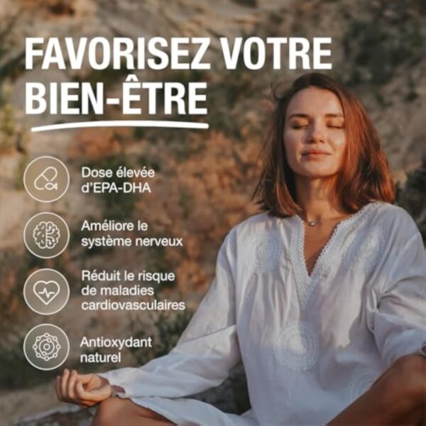 Oméga 3 concentration maximale EPA - DHA. Acides gras oméga 3 (2 000 mg) + vitamine E à base d'huile de poisson sauvage. 120 perles molles – Image 3