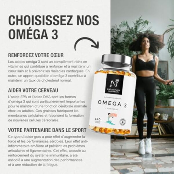 Oméga 3 concentration maximale EPA - DHA. Acides gras oméga 3 (2 000 mg) + vitamine E à base d'huile de poisson sauvage. 120 perles molles – Image 4