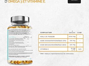 Oméga 3 concentration maximale EPA - DHA. Acides gras oméga 3 (2 000 mg) + vitamine E à base d'huile de poisson sauvage. 120 perles molles