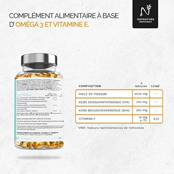 Oméga 3 concentration maximale EPA - DHA. Acides gras oméga 3 (2 000 mg) + vitamine E à base d'huile de poisson sauvage. 120 perles molles – Image 6