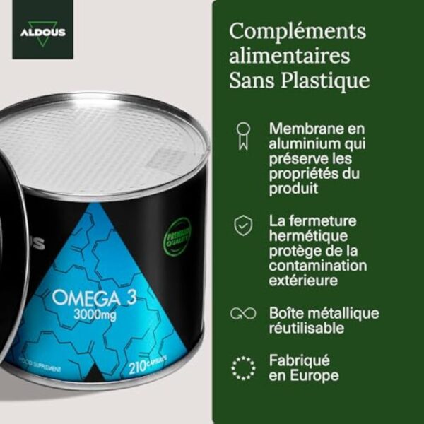 Oméga 3 gélules - 3000 mg par jour - 210 gélules - Avec acides gras EPA et DHA - Huile de poisson - Vitamine E, Acides gras - Vision, Cerveau - Plus de 2 mois - ALDOUS – Image 6