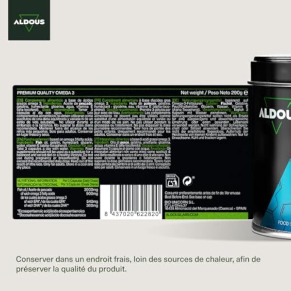 Oméga 3 gélules - 3000 mg par jour - 210 gélules - Avec acides gras EPA et DHA - Huile de poisson - Vitamine E, Acides gras - Vision, Cerveau - Plus de 2 mois - ALDOUS – Image 7