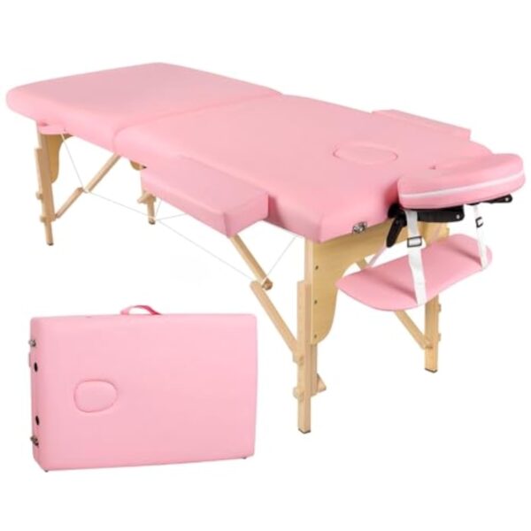 Perfur Casa Table de Massage Pliable - 2-Zones Bois Table Massage Mobile pour Tatouage et Physiothérapie (Rose) – Image 2