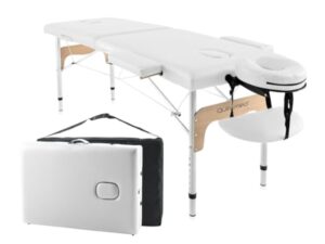 QUIRUMED Easy Table de Massage Pliante en Aluminium, Blanche, 180 x 60 cm, Simili Cuir, Portable, légère, Appui-tête Amovible, Trou pour Le Visage, Hauteur réglable, jusqu'à 120 kg.