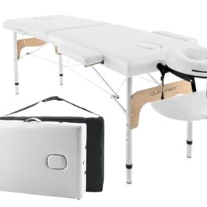 QUIRUMED Easy Table de Massage Pliante en Aluminium, Blanche, 180 x 60 cm, Simili Cuir, Portable, légère, Appui-tête Amovible, Trou pour Le Visage, Hauteur réglable, jusqu'à 120 kg.