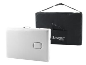 QUIRUMED Easy Table de Massage Pliante en Aluminium, Blanche, 180 x 60 cm, Simili Cuir, Portable, légère, Appui-tête Amovible, Trou pour Le Visage, Hauteur réglable, jusqu'à 120 kg.