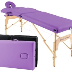 QUIRUMED Table de Massage Pliable en Bois Easy, Couleur Violet, 182 x 60 cm, Similicuir Portable, légère tête Amovible, Trou du Visage, Hauteur réglable jusqu'à 120 kg